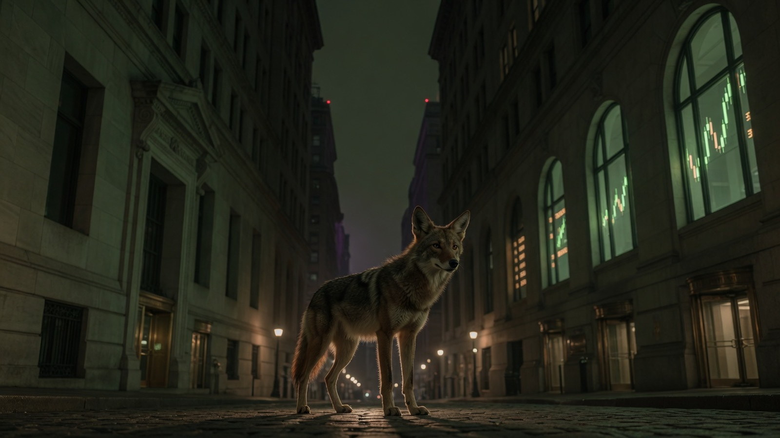华尔街土狼:夜色里的土狼站在华尔街